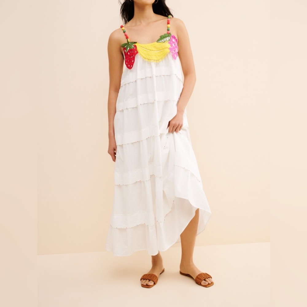 FARM Rio White Tiered Maxi Dress with Fruit Appliqué